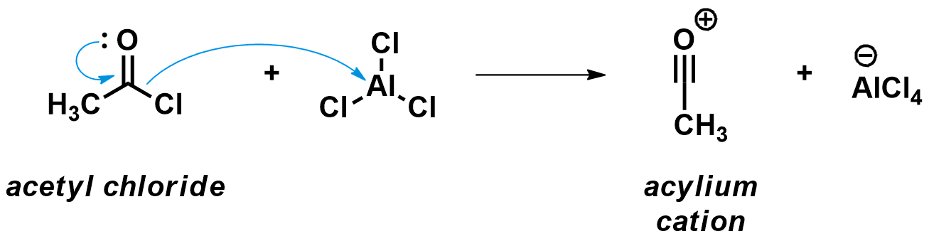 Acetyl chloride forming an acylium cation by reacting with AlCl3.